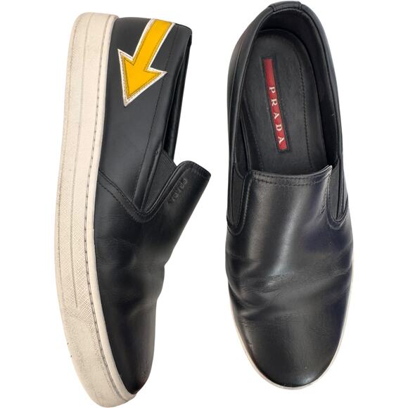 Prada Linea Rossa Black Leather Slip-On Sneakers w/ Yellow Arrow Italy 7.5 - Picture 1 of 16